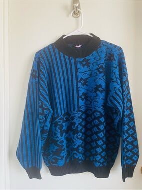 Blue & Black Mixed-Pattern Crewneck Sweater